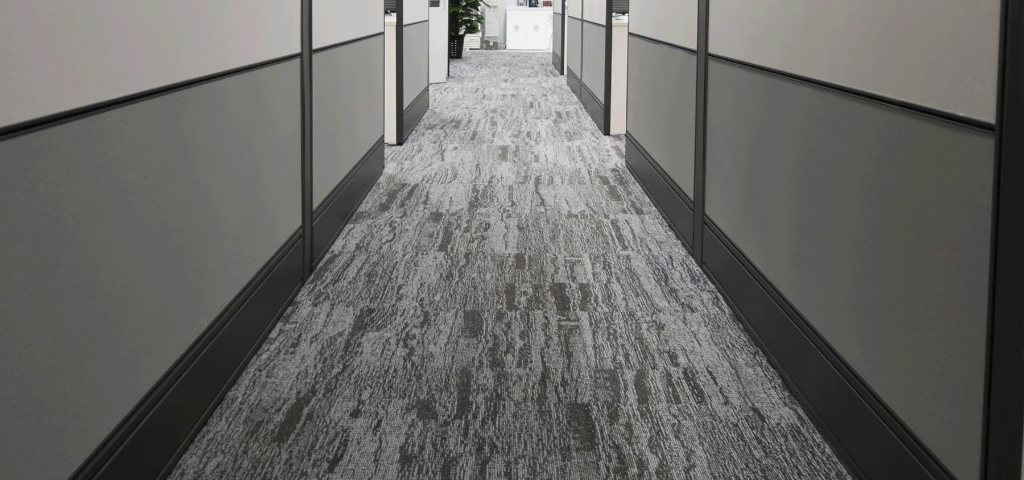 Looking down the row of a commercial carpet office space.